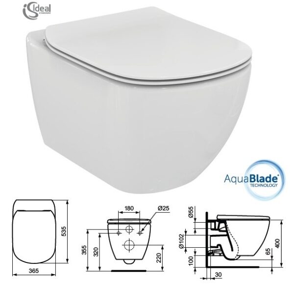 WC sienas pods IDEAL STANDART TESI Aquablade ar Soft Close vāku, balts T354601