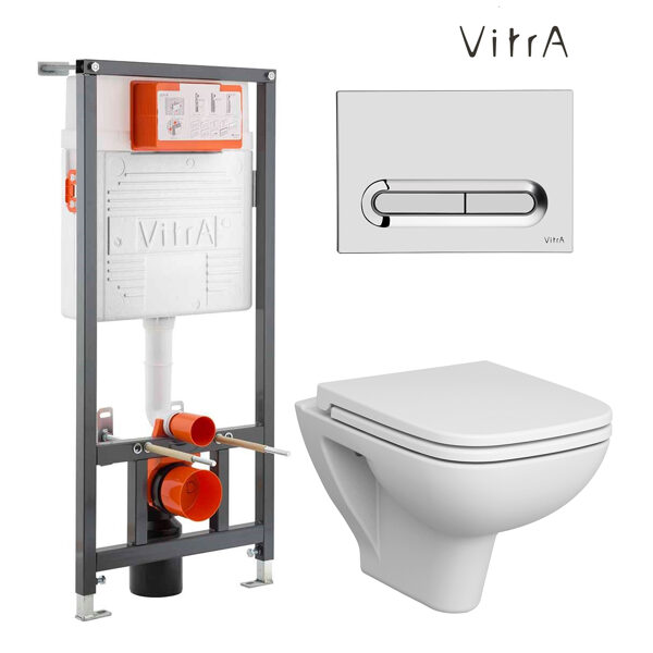 VITRA S20 RIM-EX įmontuojamas klozetas (WC) rėmas + rankenėlė + pakabinamas klozetas + SC dangtis, 139004B0037205