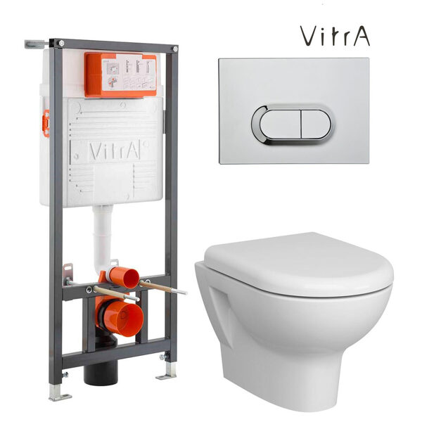 VITRA Zentrum RIM-EX įmontuojamo klozeto (WC) rėmas + rankenėlė + pakabinamas klozetas + SC dangtis, 139016B0037201
